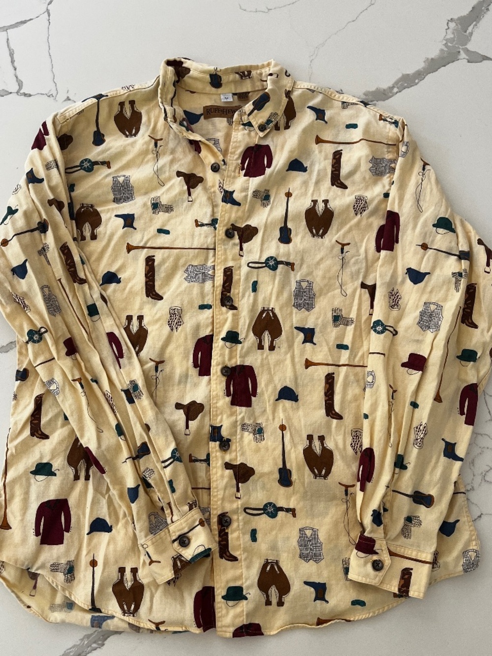 Vintage Ruff Hewn USA Yellow Western Equestrian Novelty Print Button Down M hors